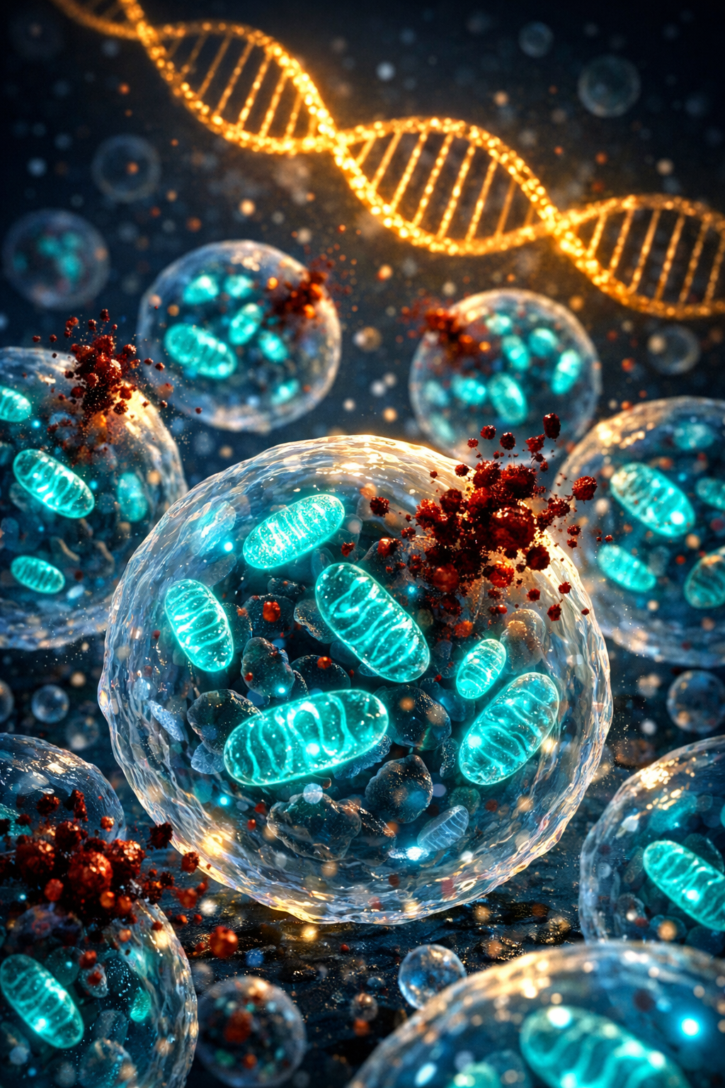 Cellular level visualization showing mitochondria repair and toxin removal