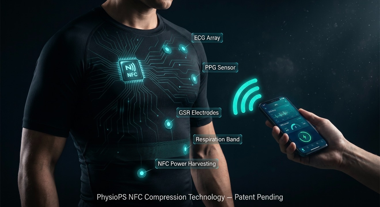 Next-generation wearable biosensor visualizing autonomic signals against a clinical glass workspace